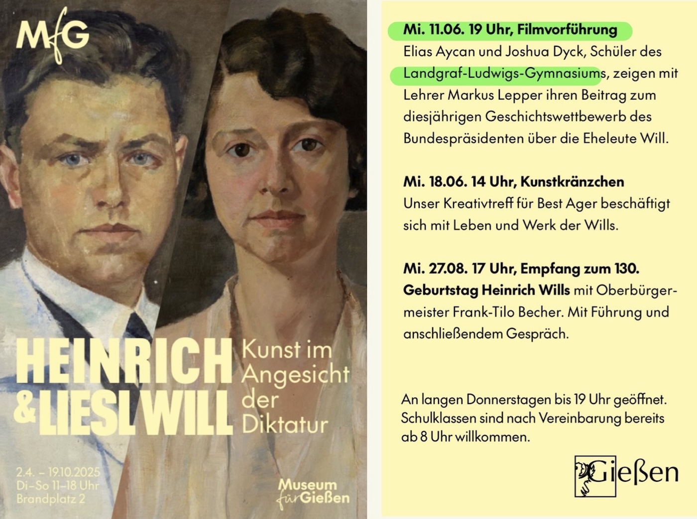 Filmvorführungen über die Eheleute Will im „Museum für Gießen“ im Rahmen des Geschichtswettbewerbs